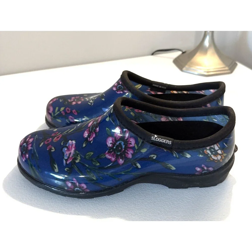 Sloggers Womens Garden Clogs 9 Blue Floral Waterproof Slip‑On Shoes USA Made EUC